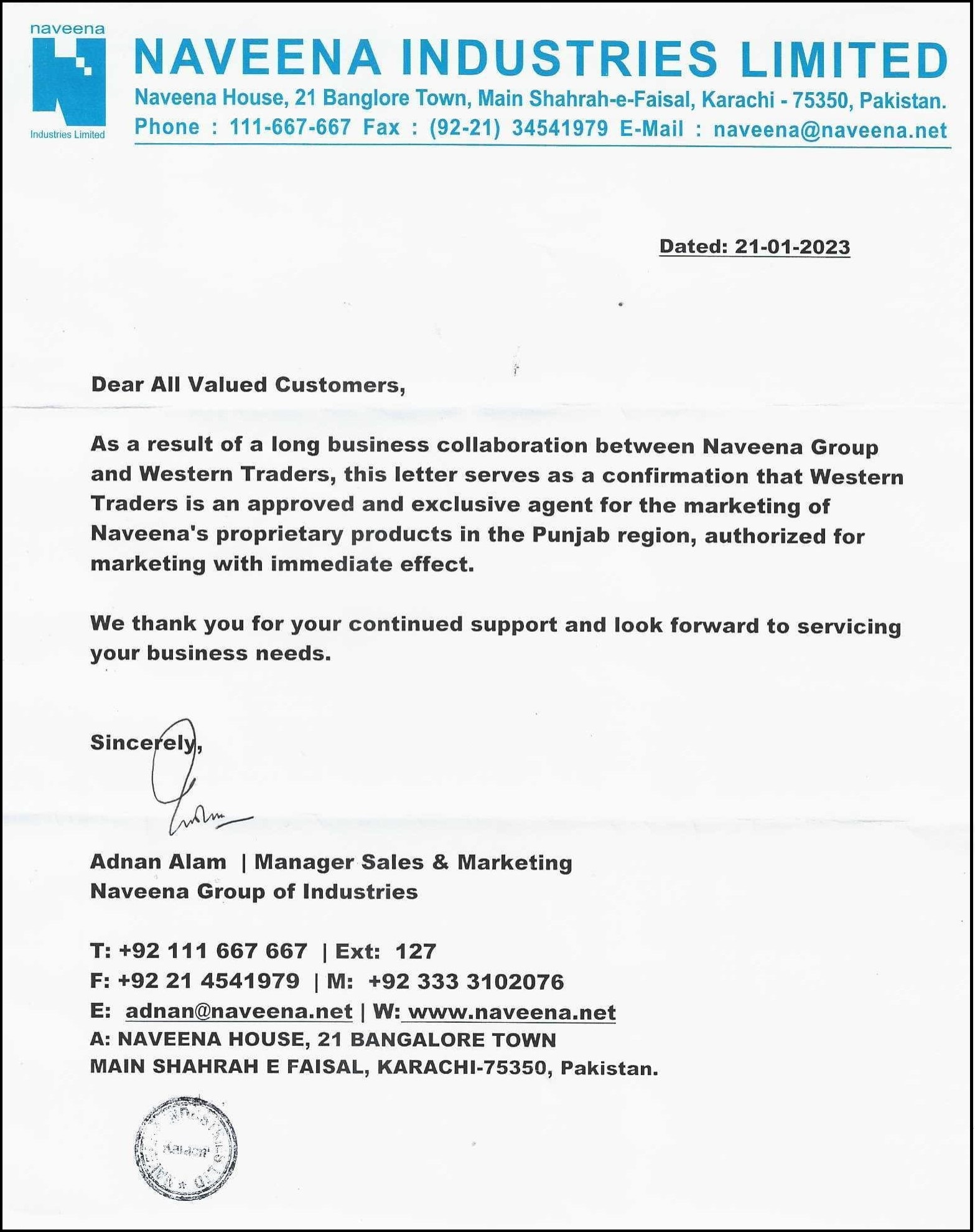 Naveena Industries Authorization Letter